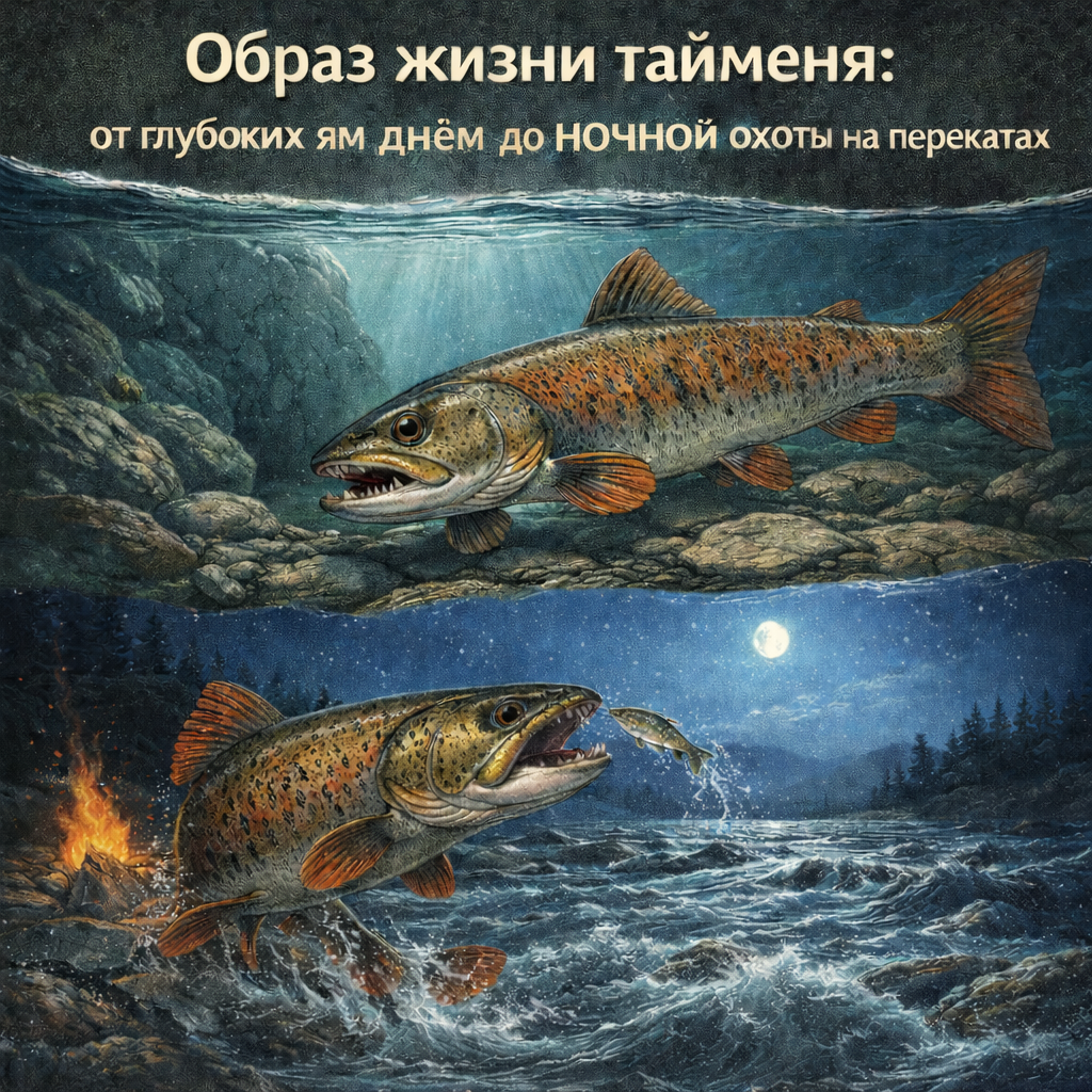The taimen's lifestyle: from deep holes during the day to nighttime hunting in shallows
