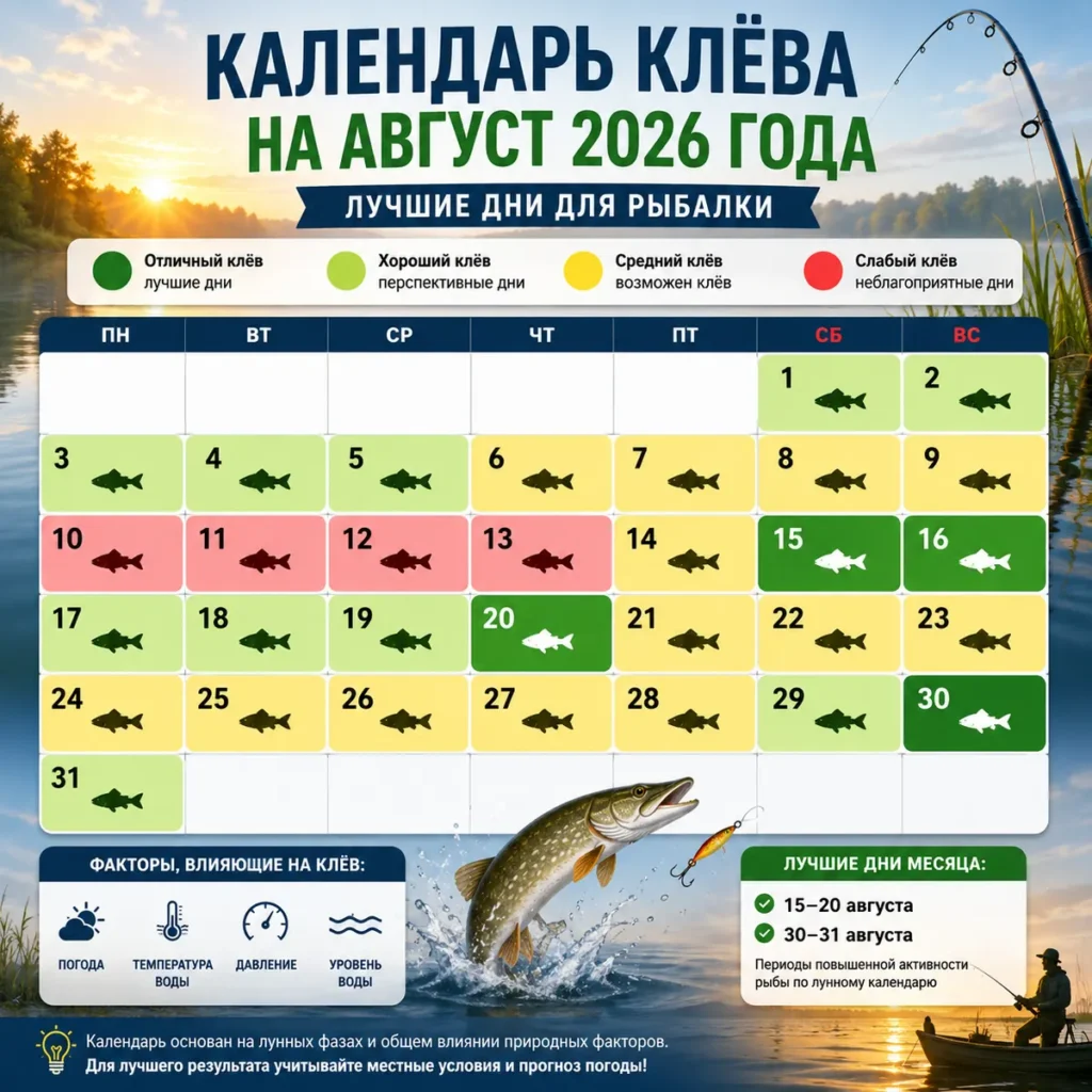 Календарь клёва на август 2026 года: лучшие дни для рыбалки